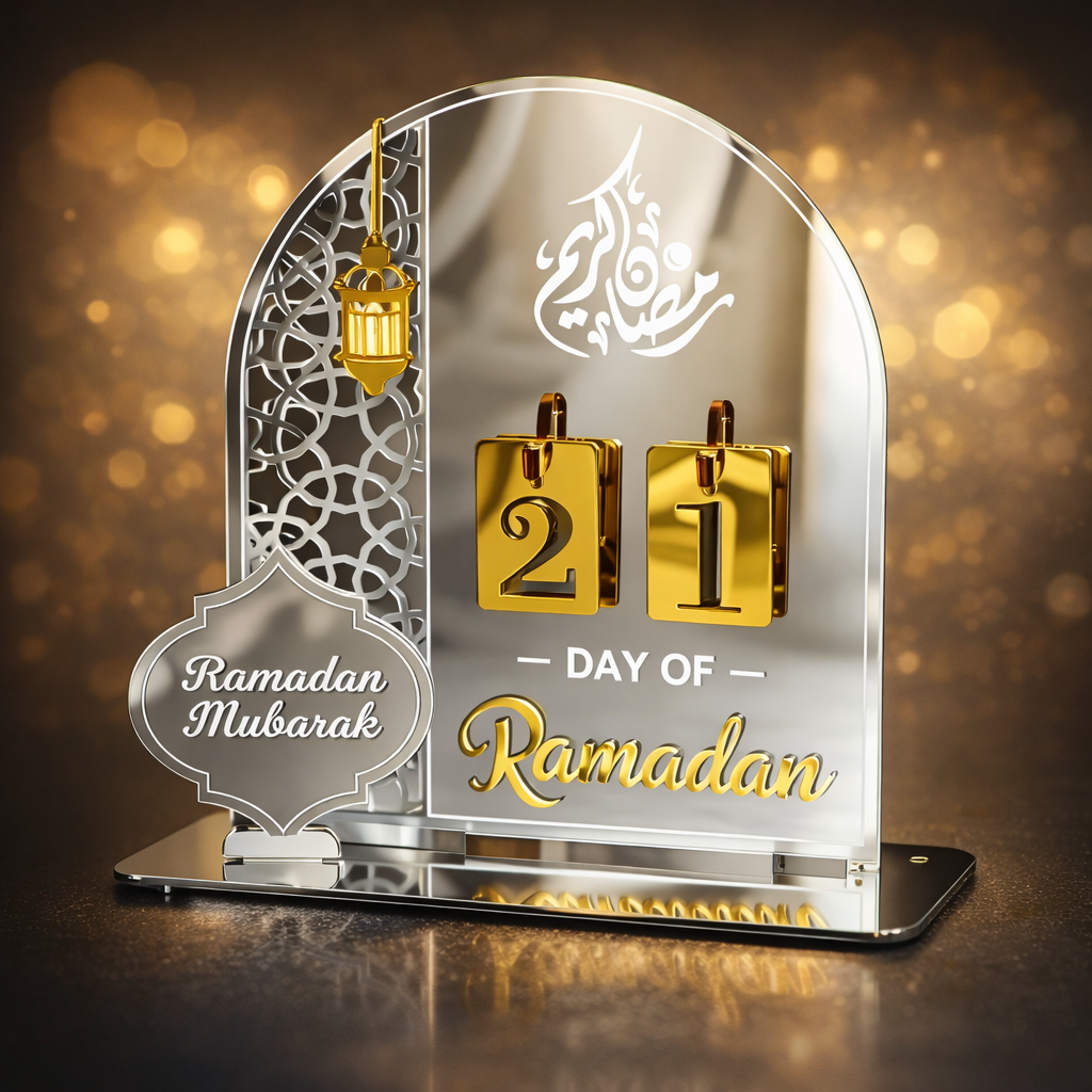 Calendrier Compte à Rebours Ramadan en Acrylique Argenté – Décoration Islamique Moderne et Élégante